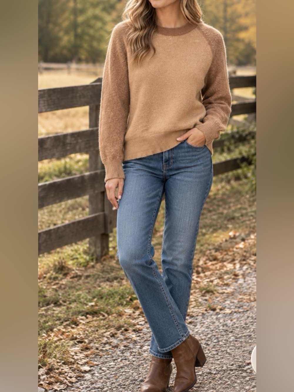 Club Monaco 100% wool two tone tan, camel sweater crew neck medium